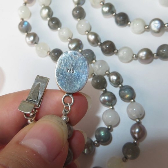 Stunning Extra LONG Moonstone Labradorite Pearl Sterling Silver Necklace - Picture 9 of 16